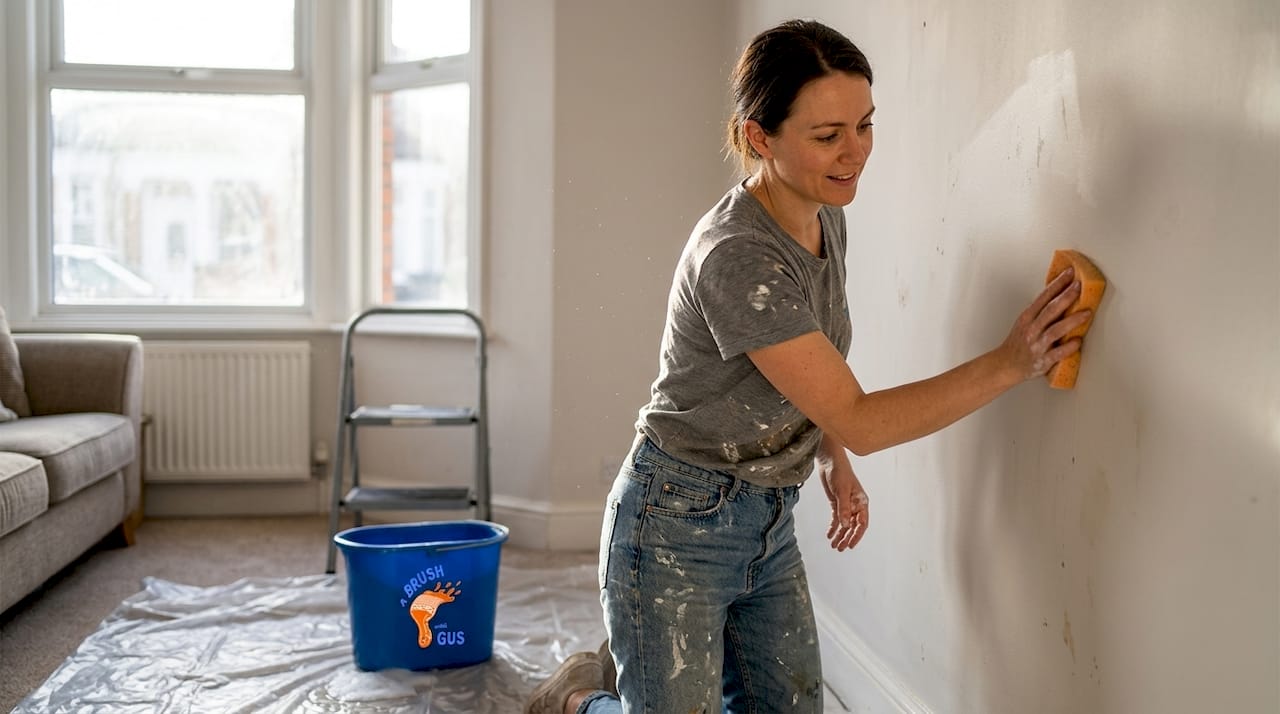 Woman preps wall for painting