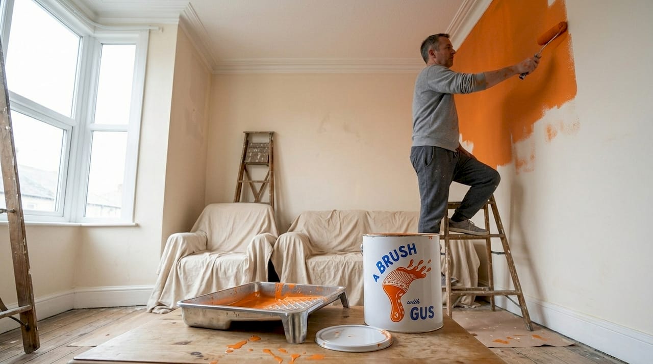 Man rolling paint onto living room wall