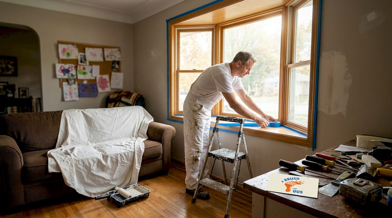 Painter prepping living room before painting
