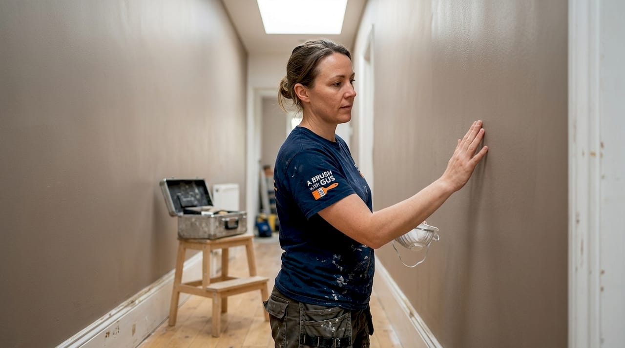 Painter checking freshly painted wall finish