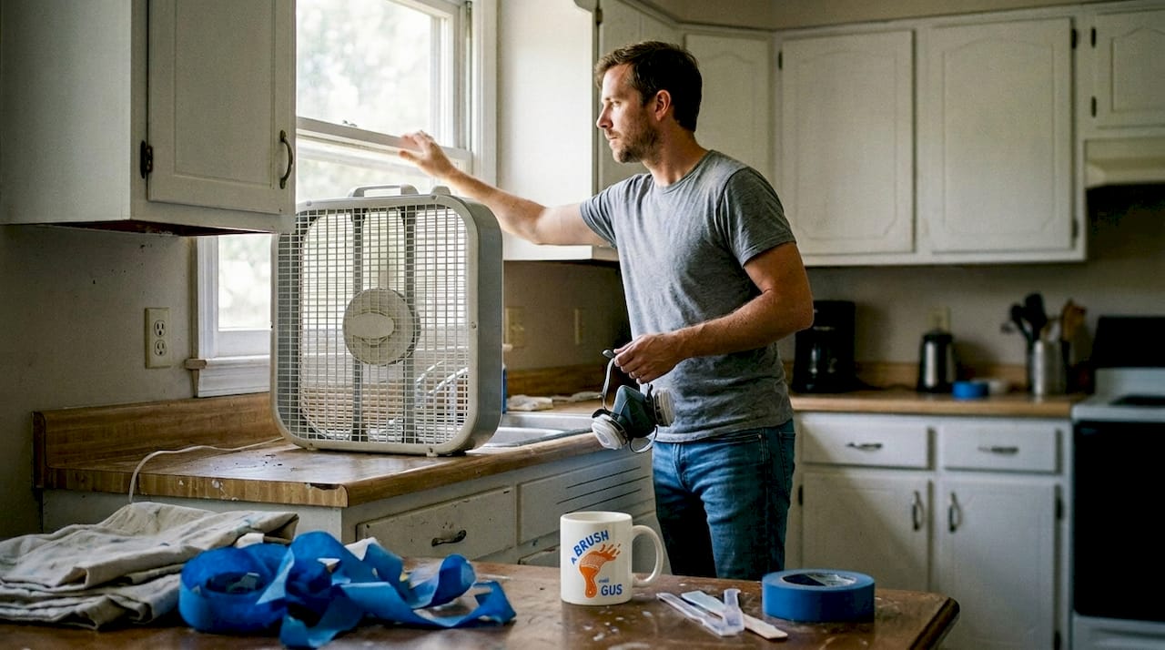 Man ventilating kitchen for paint spraying