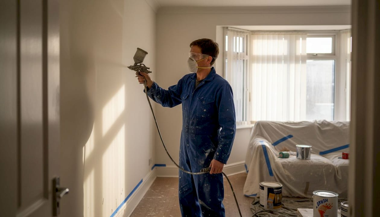 Homeowner paint spraying living room wall