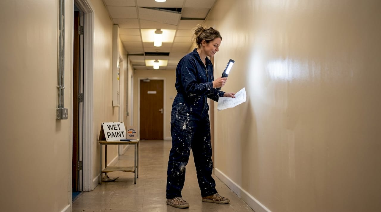 Painter inspecting freshly finished office wall