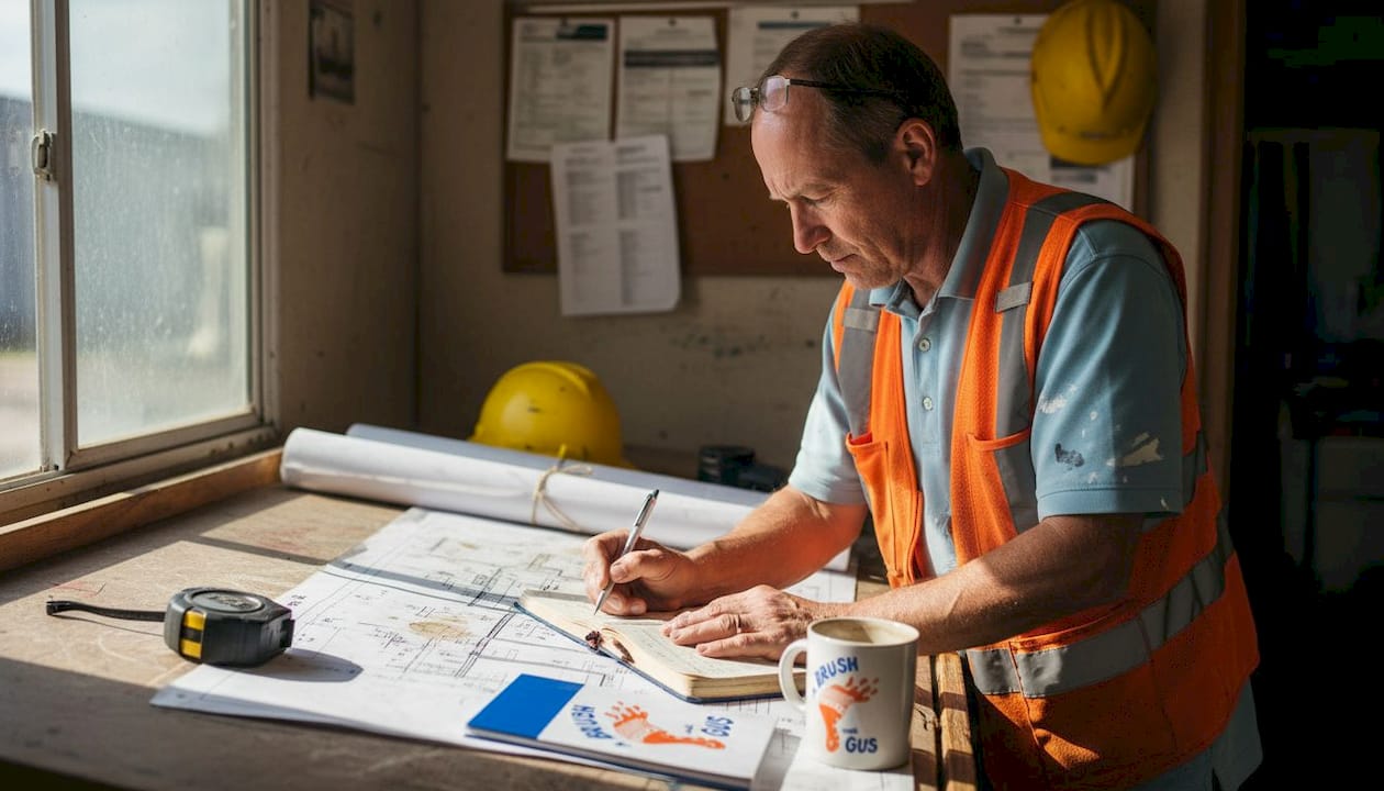 Contractor reviewing painting blueprints in jobsite trailer