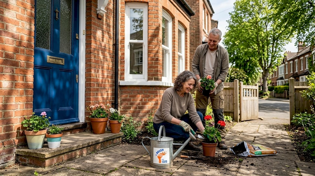 Freshly painted home with owners gardening