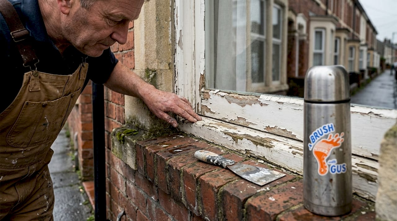 Tradesperson inspecting exterior paint damage