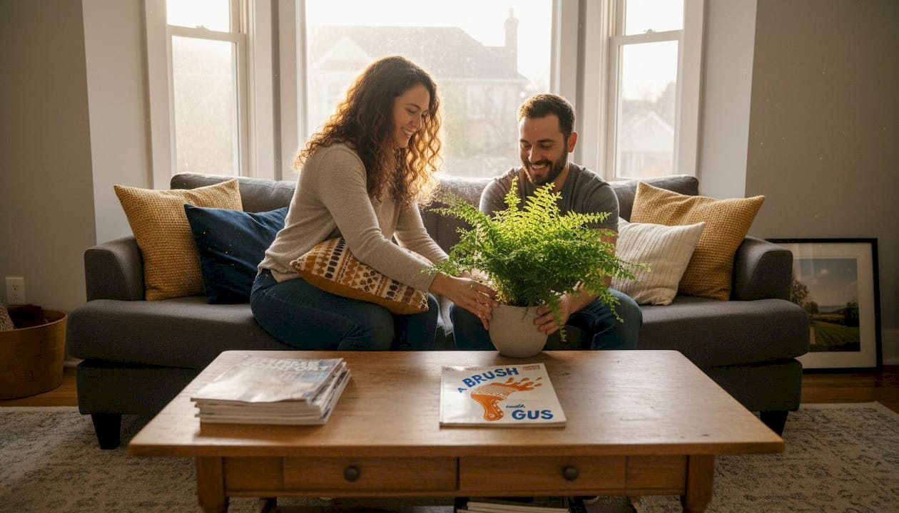Couple arranging living room home decor