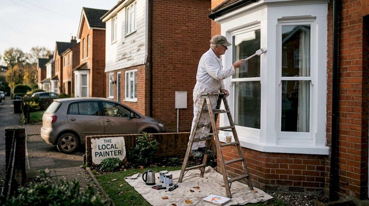 Painter painting front of UK brick house