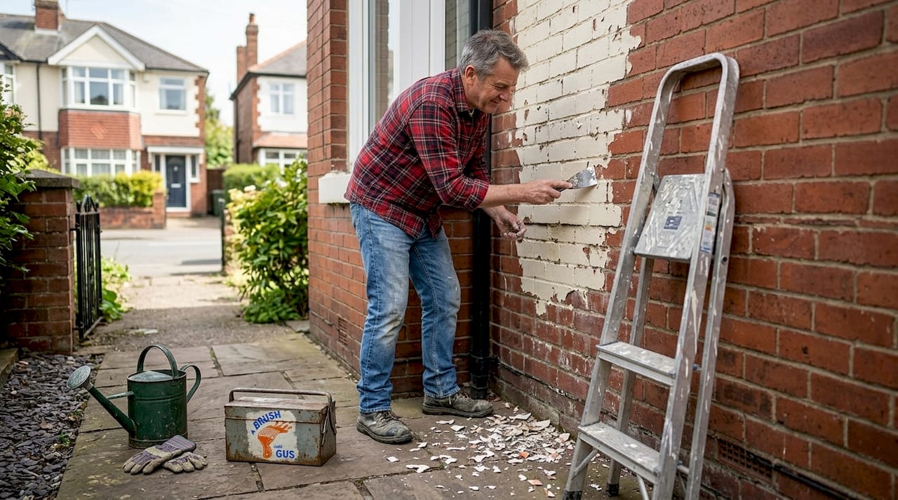 Homeowner prepping exterior wall for repainting