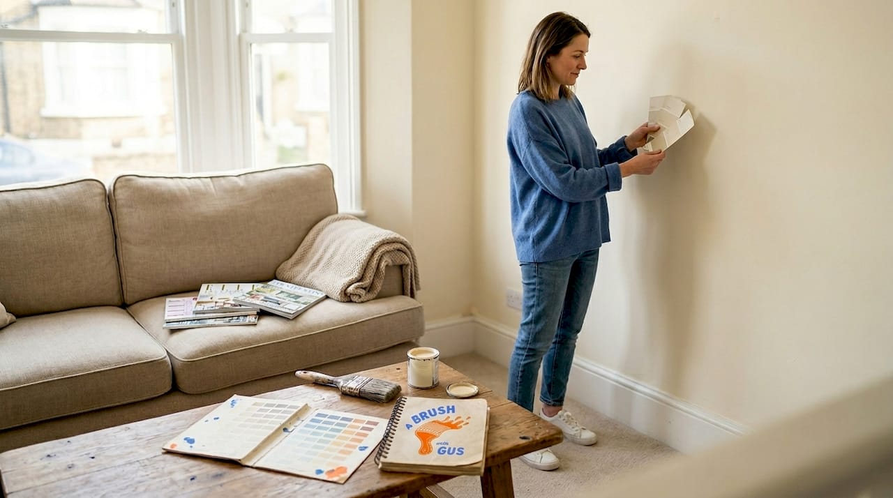 Woman holding paint samples in living room