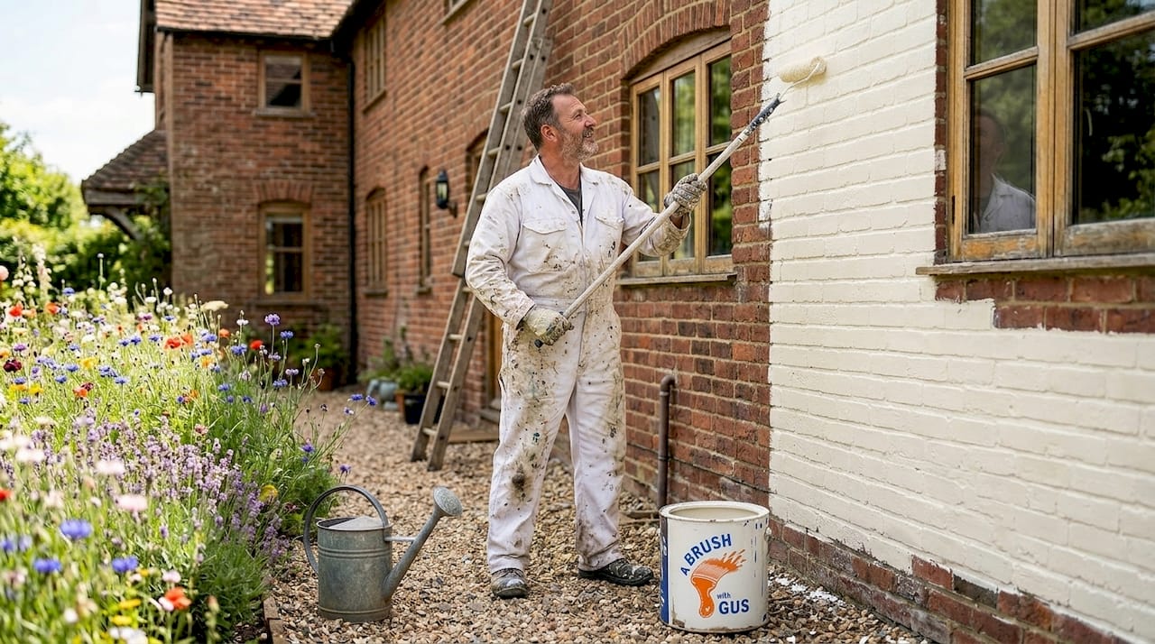 Painter working on house exterior wall