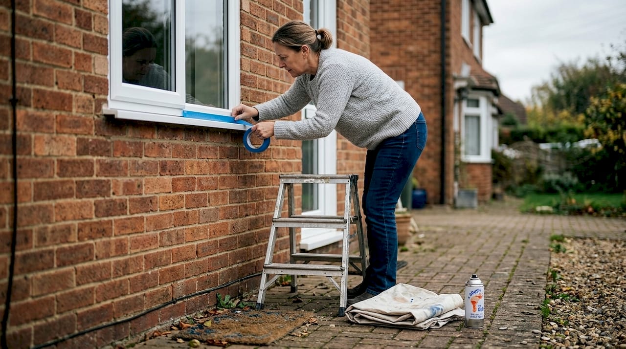 Homeowner taping UPVC window for respraying