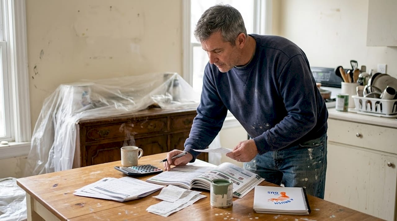Homeowner reviewing decorating costs at kitchen table