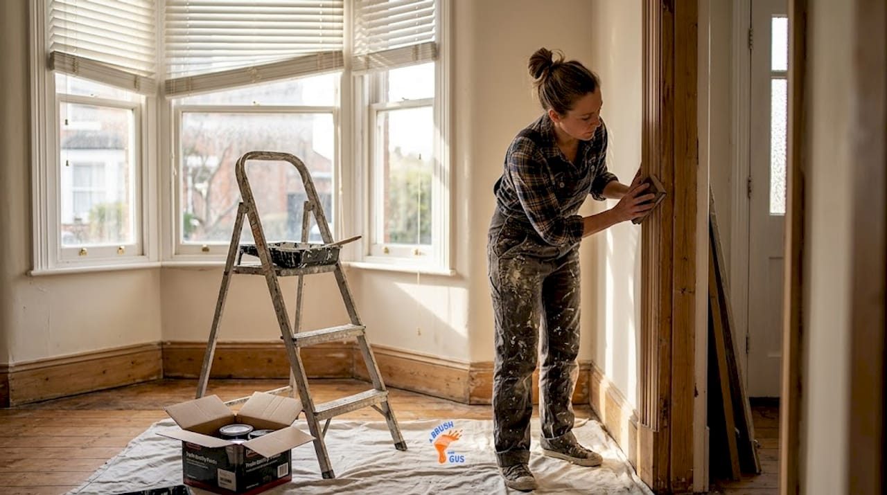 Decorator prepping living room with paint supplies