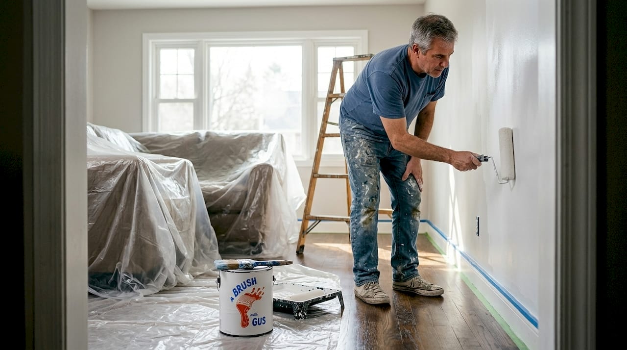 Homeowner painting living room during renovation