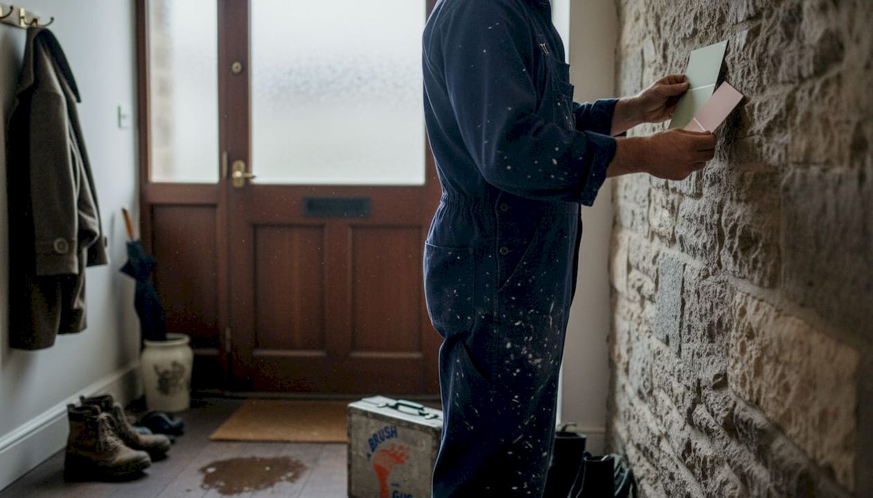 Painter choosing paint swatches period home hall