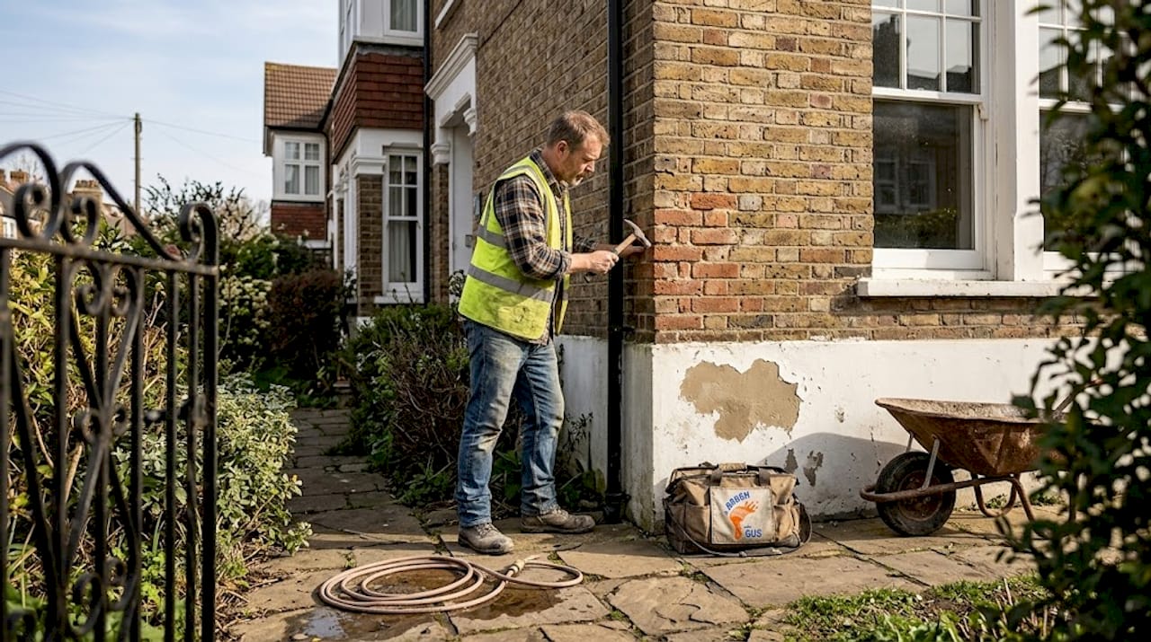 Contractor inspecting suburban home exterior for restoration