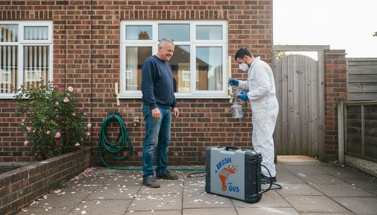 Homeowner observes exterior spraying preparation