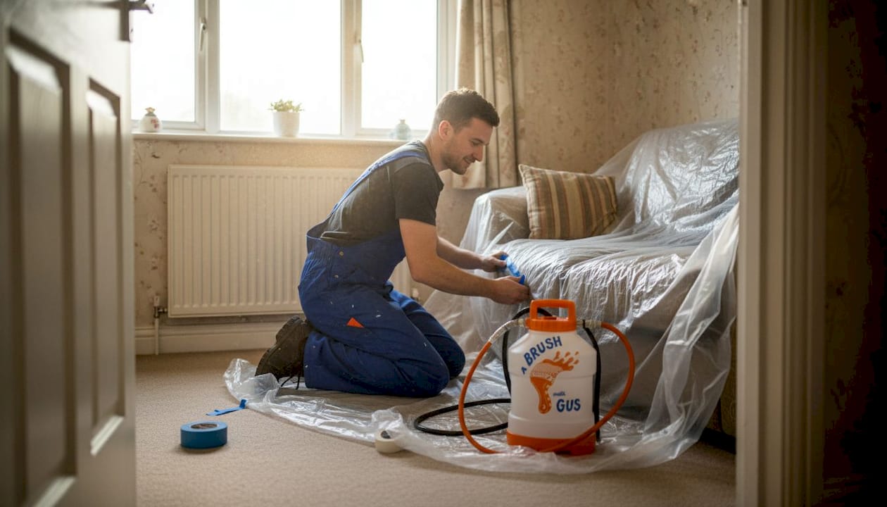 Contractor prepping living room for spray painting