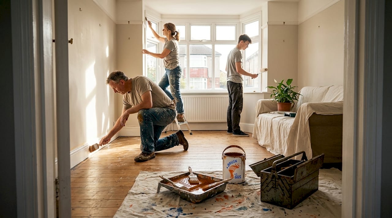 Family working together painting living room