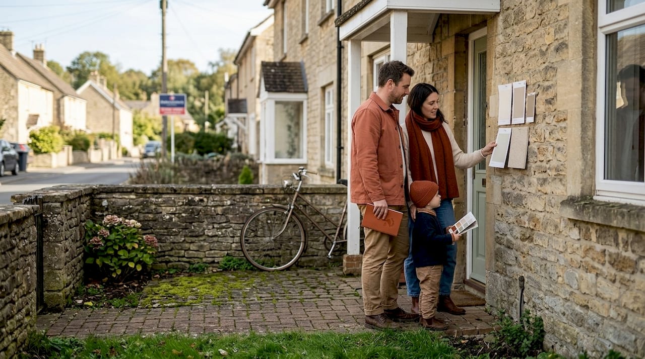 Family choosing exterior finish in front garden