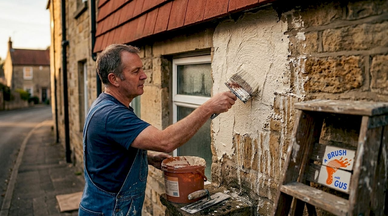 Applying fresh render to stone house wall