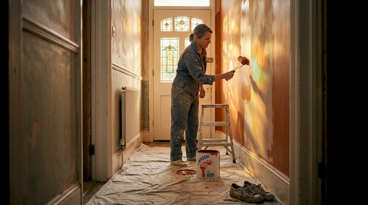 Painter applying emulsion paint in hallway