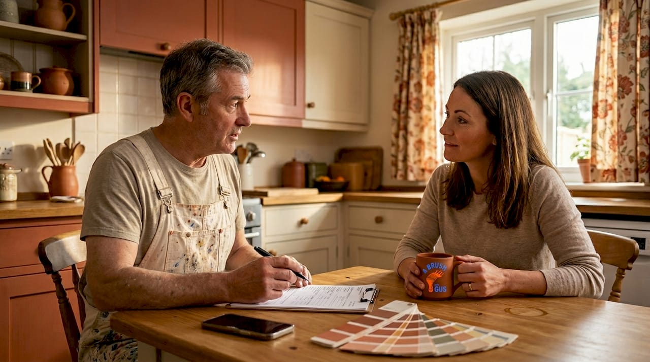 Painter reviews paperwork with homeowner in kitchen