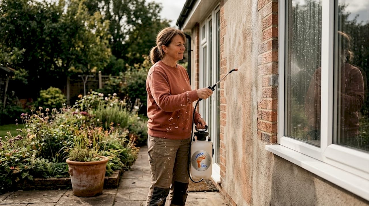 Person soft washing exterior house wall
