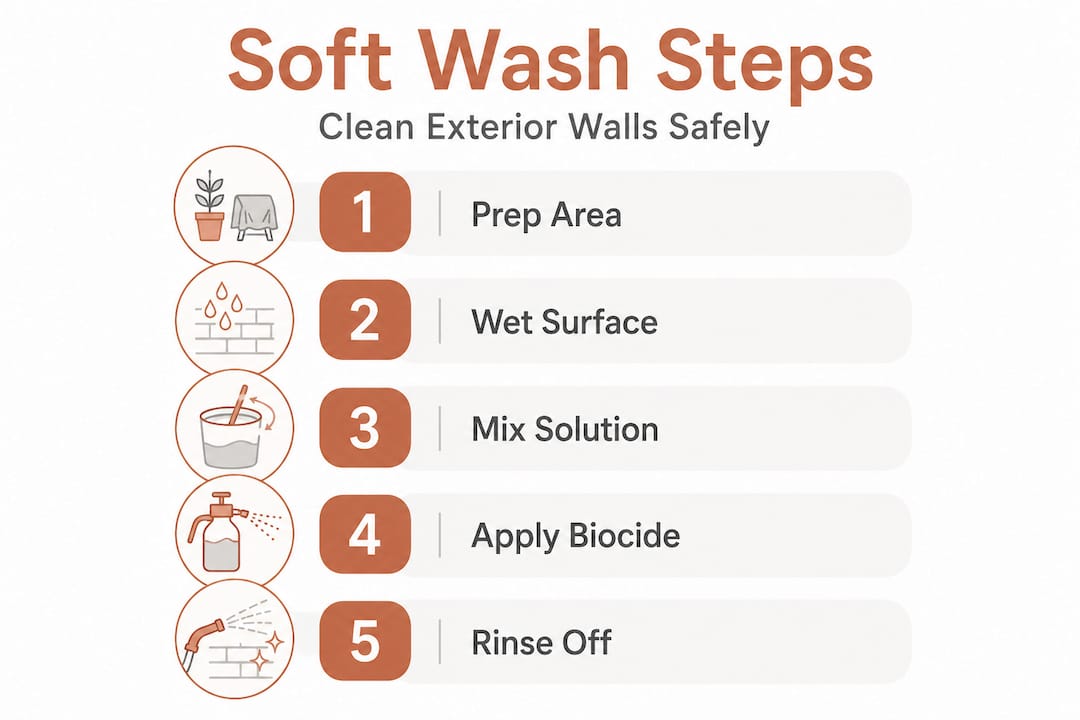 Infographic showing five soft wash wall cleaning steps