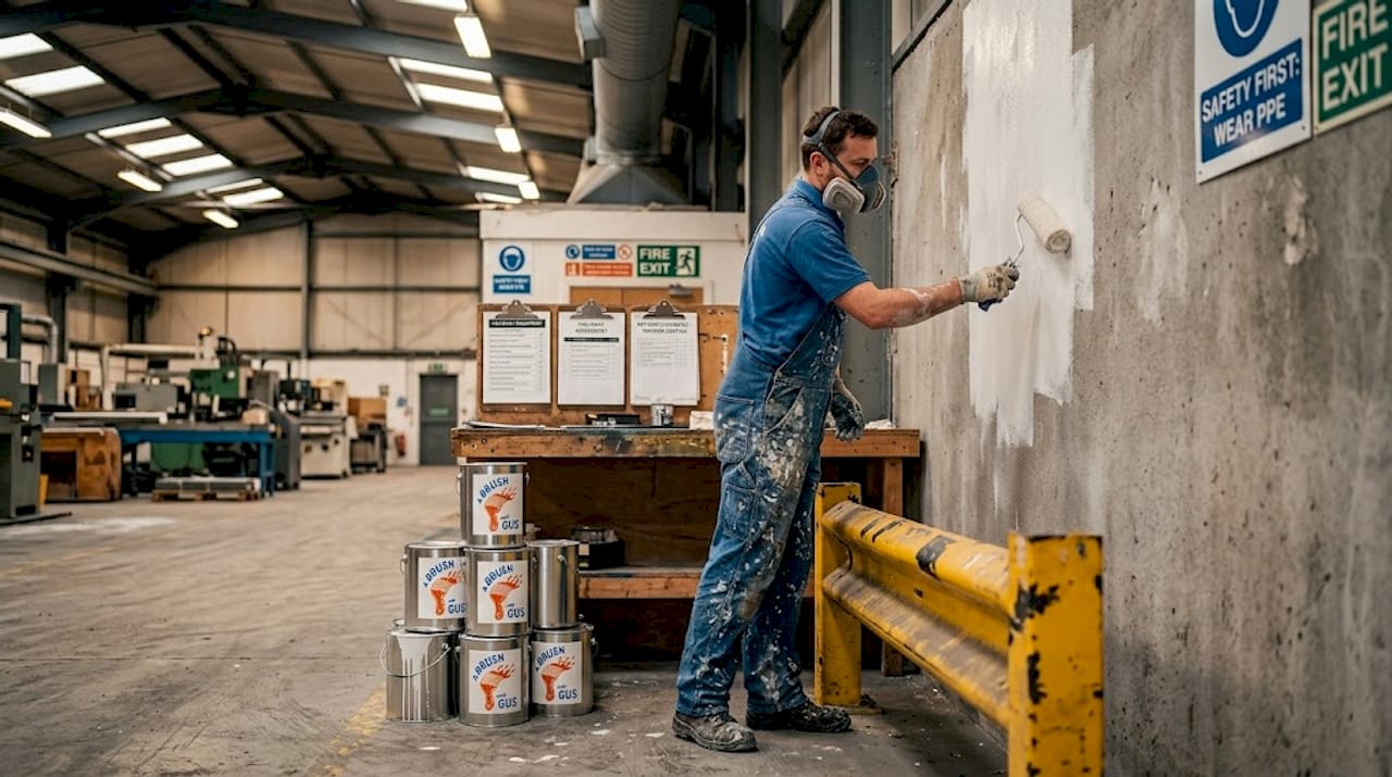 Painter applying primer with safety gear