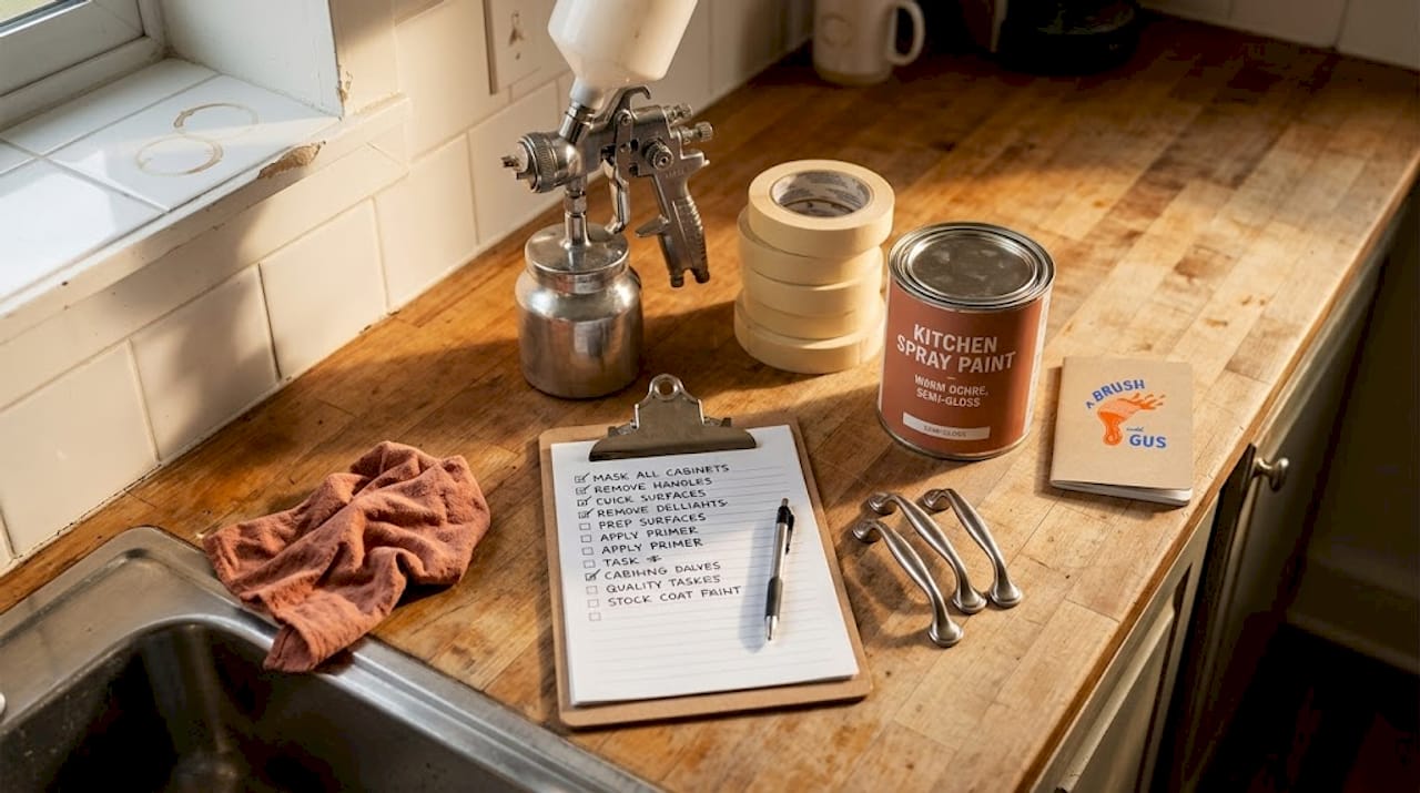 Kitchen spraying tools and checklist on counter