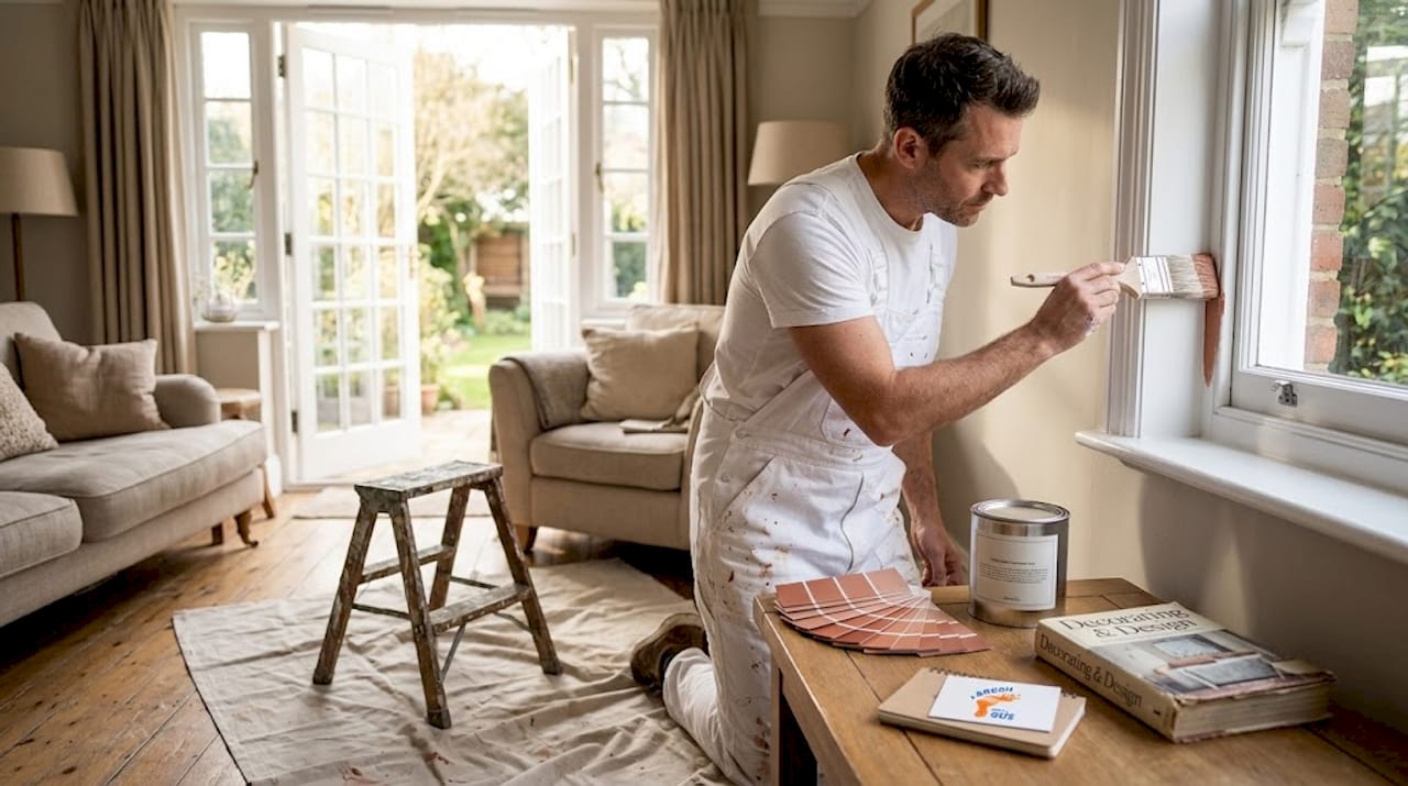 Painter working on home living room window frame