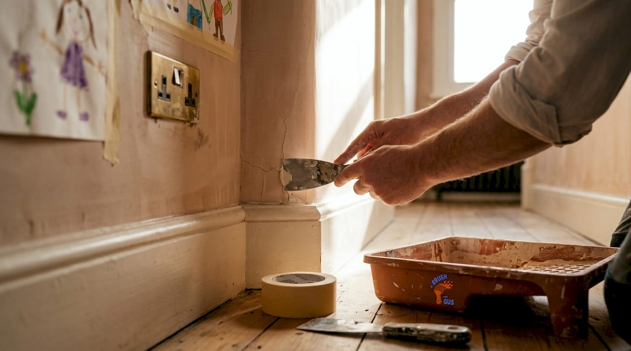 Painter repairing wall crack in bright hallway