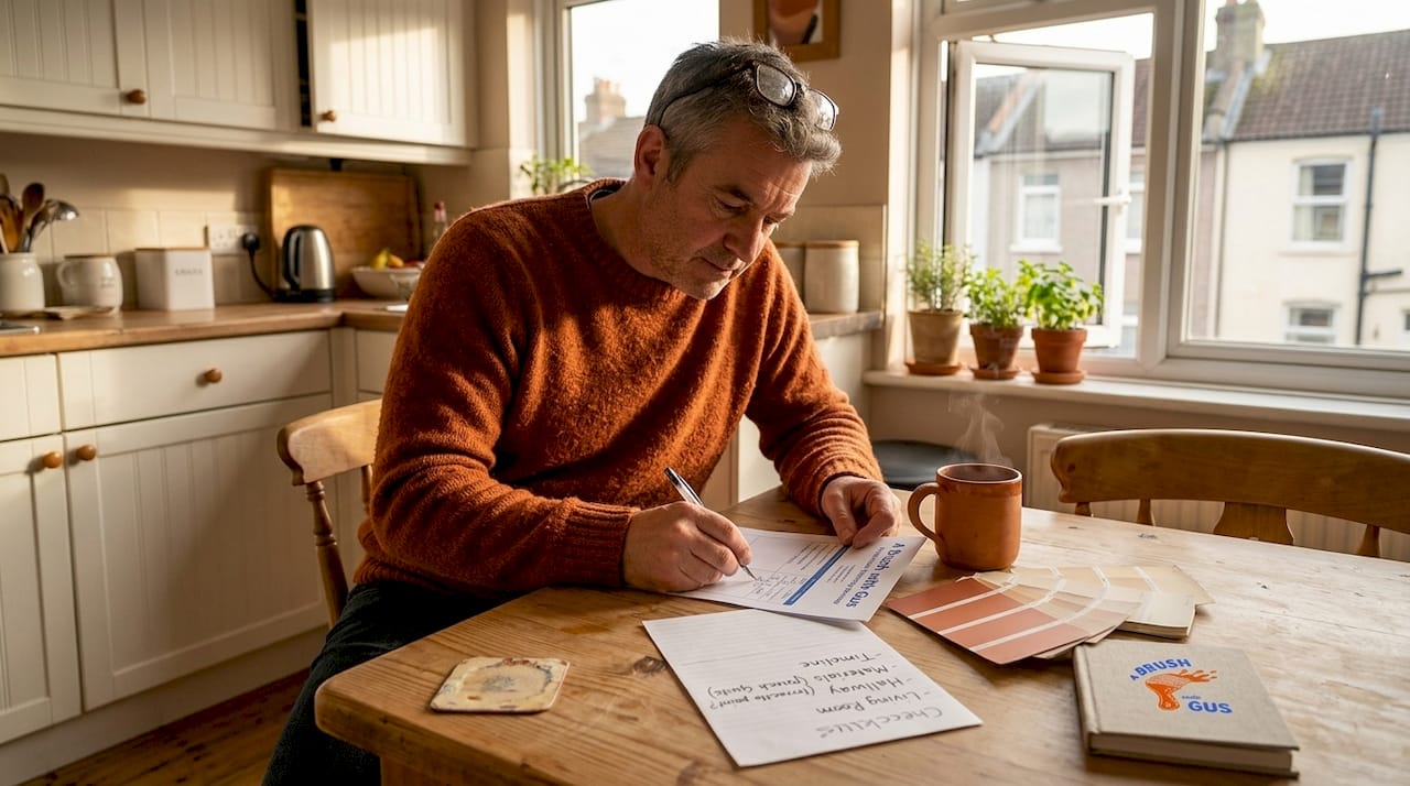 Homeowner reviewing painting quote at kitchen table