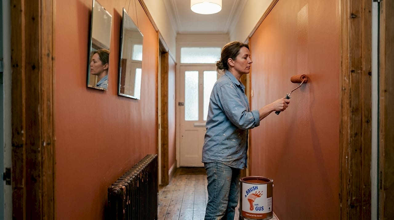 Painter applying fresh coat in hallway