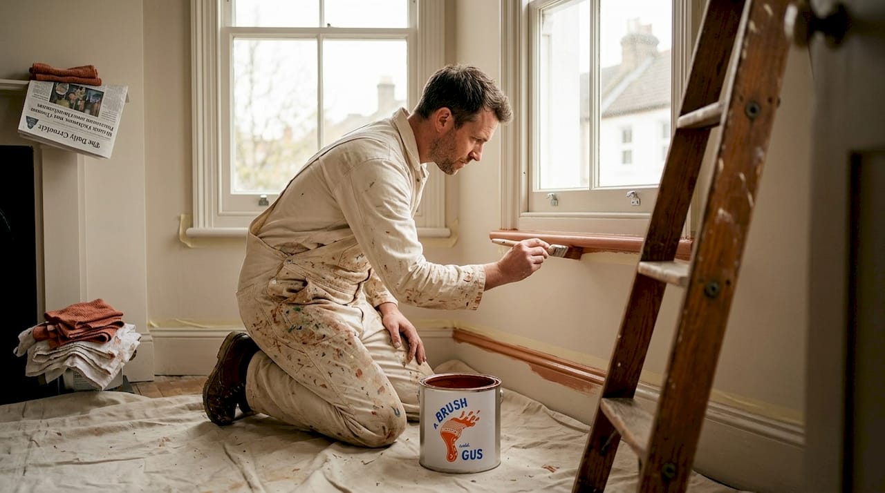 Painter touching up trim in living room