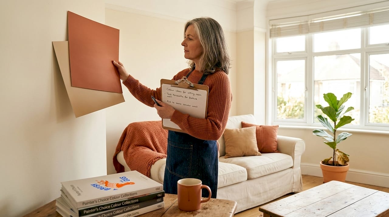 Woman testing paint samples in living room