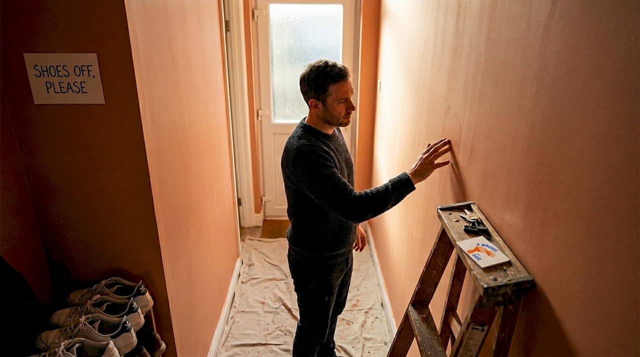 Man inspecting hallway paint finish