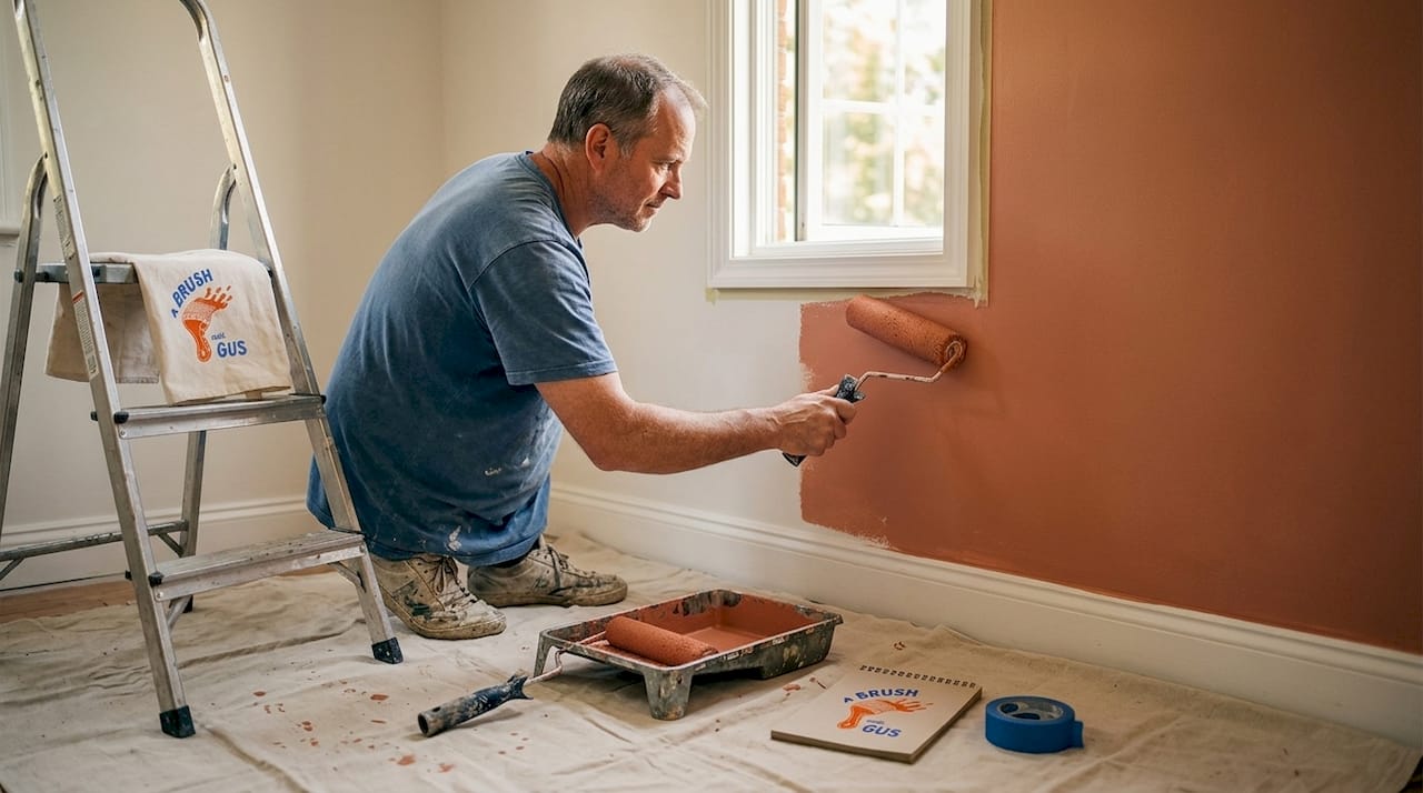 Applying paint with roller in living room