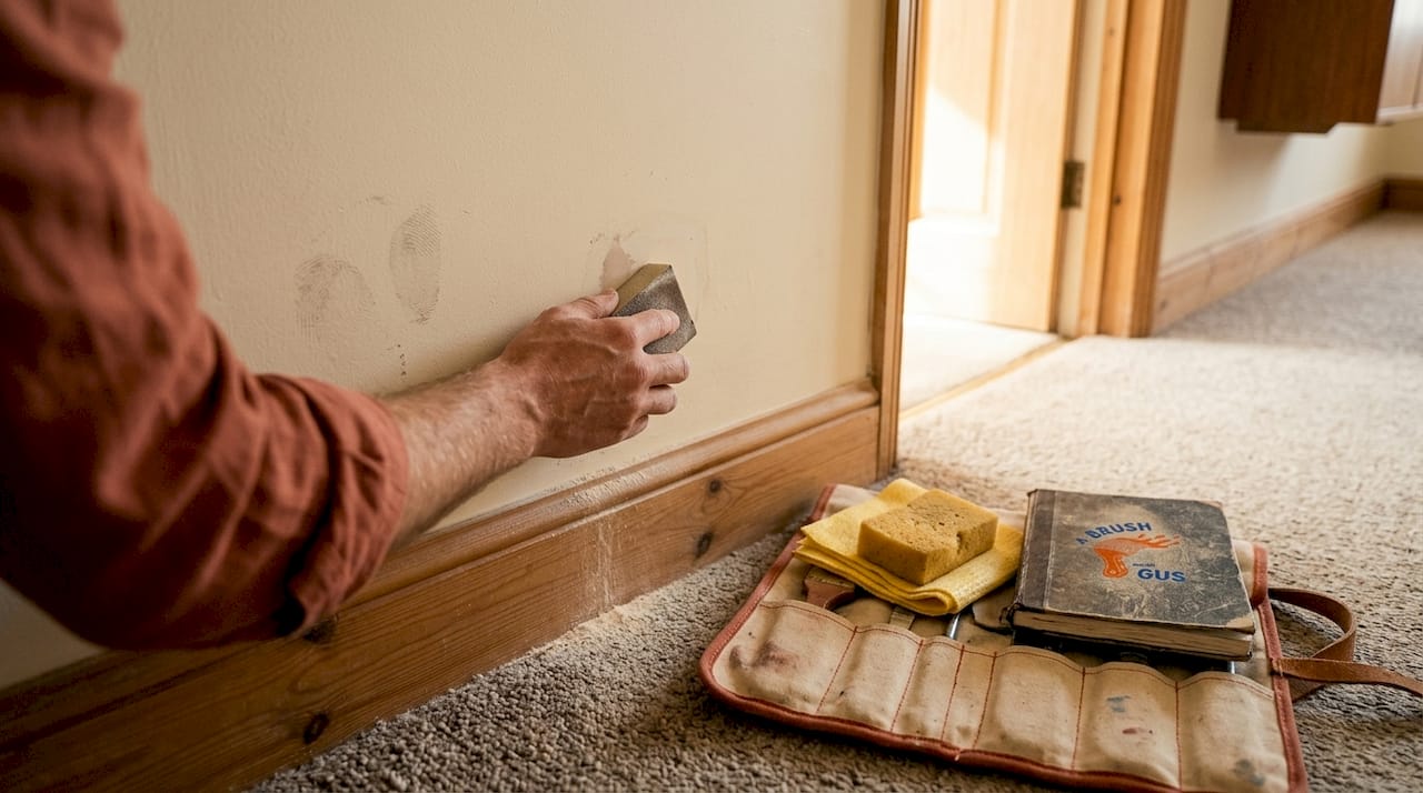 Hands sanding wall for paint touch-up prep