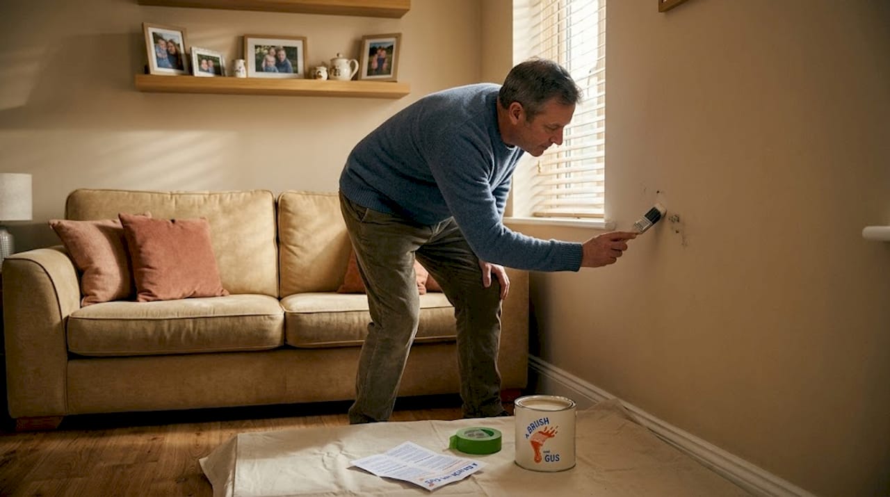 Homeowner touching up wall paint in living room
