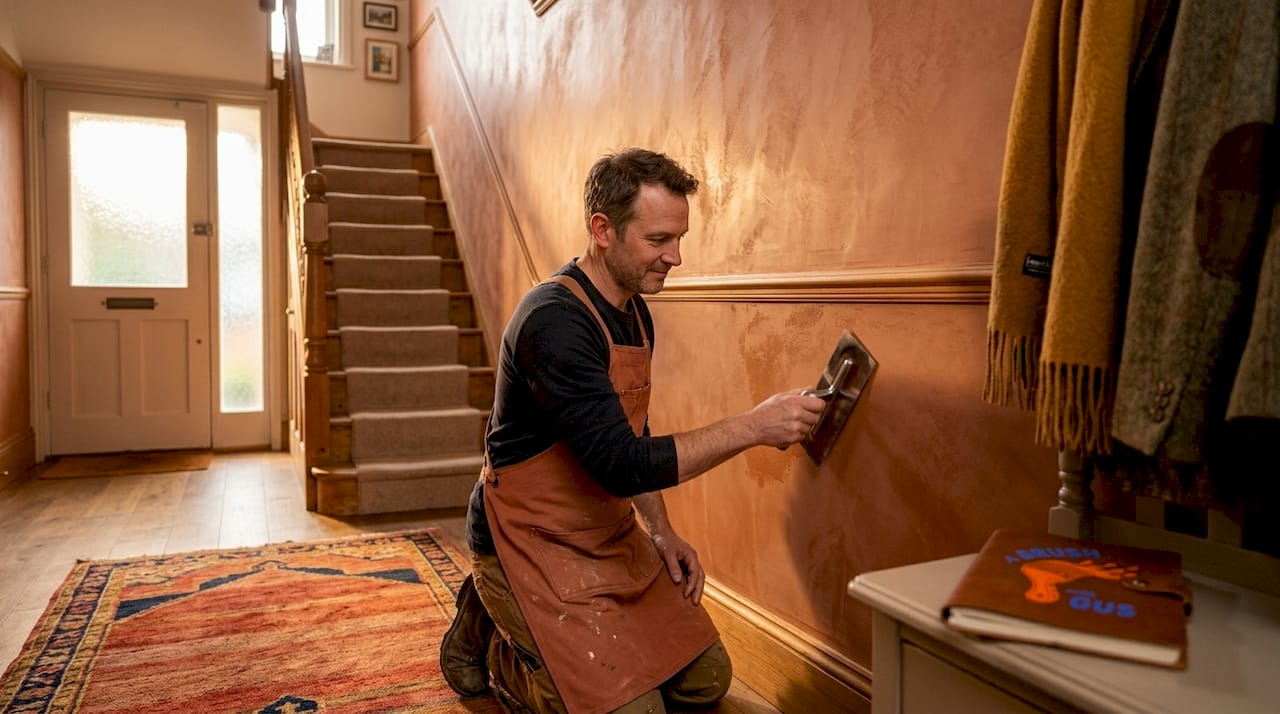 Man touching up venetian plaster in hallway