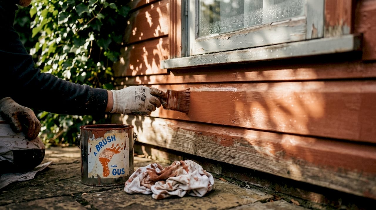 Close-up of fresh paint protecting timber siding
