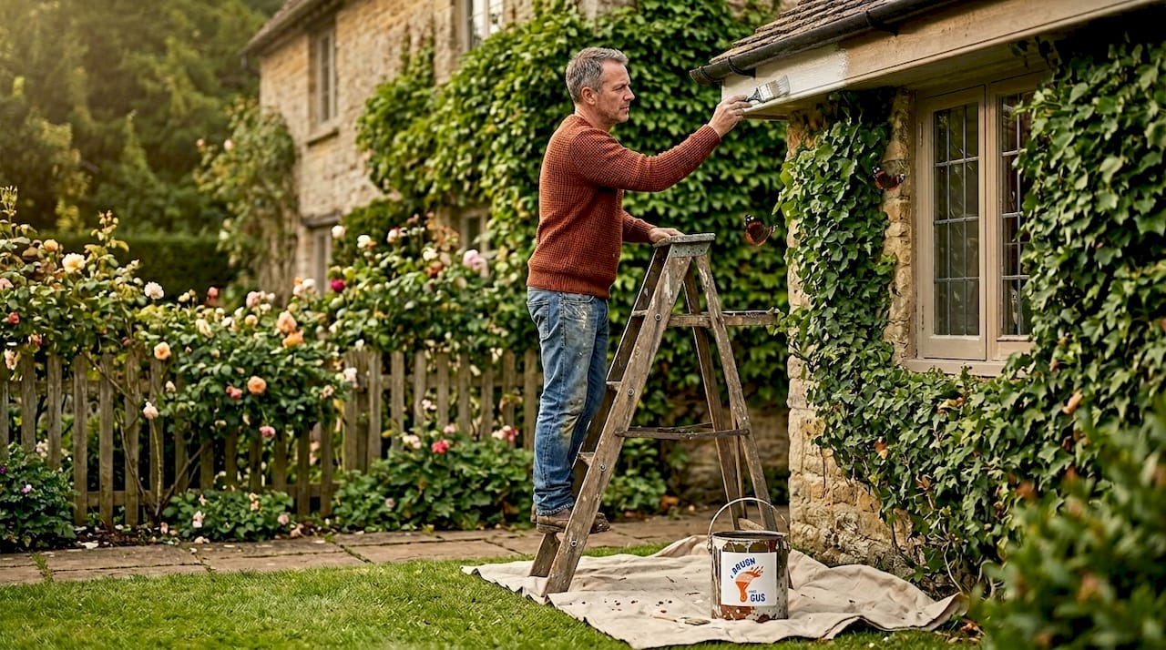 Homeowner painting house exterior trim