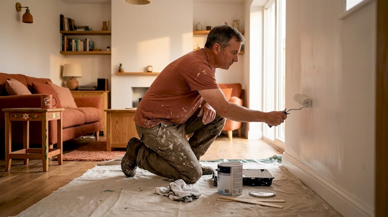 Painter applying primer to living room wall