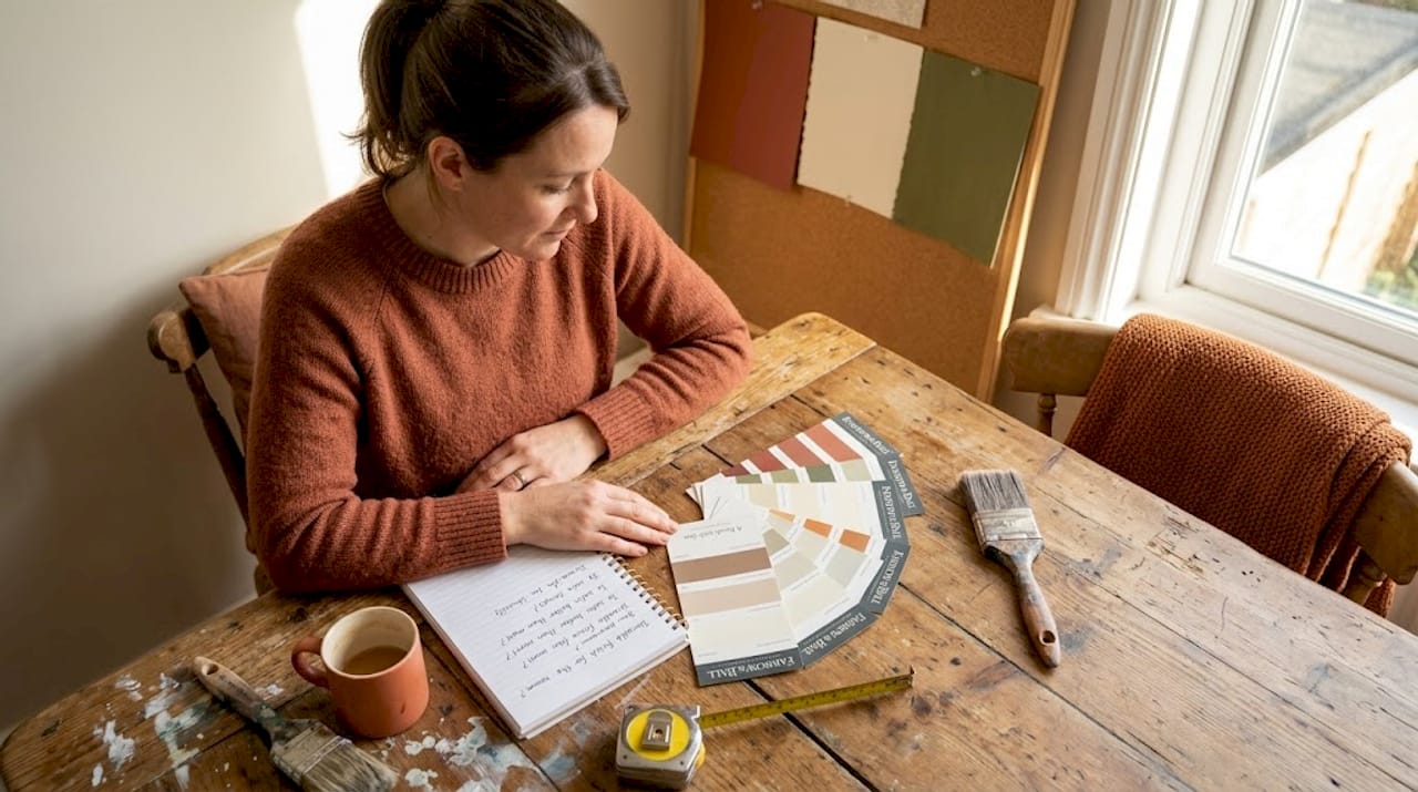 Homeowner at kitchen table reviewing paint samples