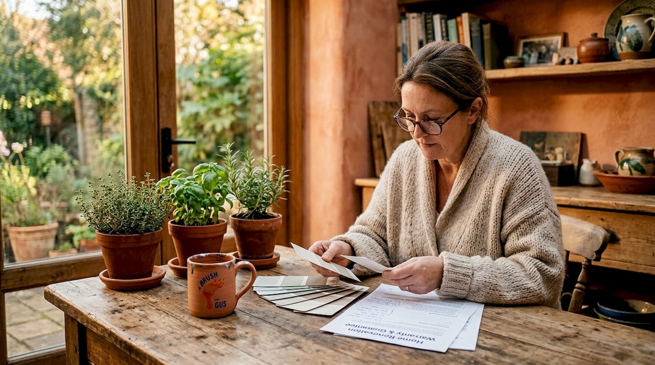 Homeowner reading painting warranty at kitchen table