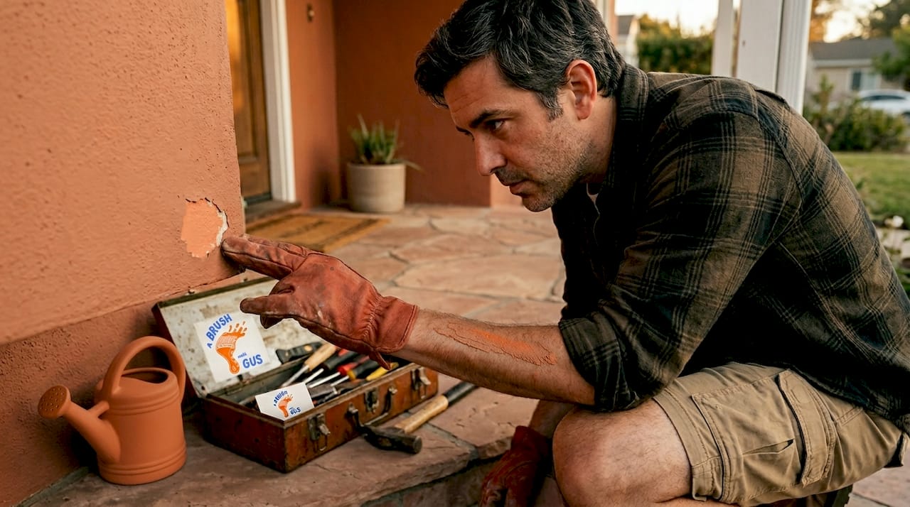 Man inspecting peeling exterior wall paint