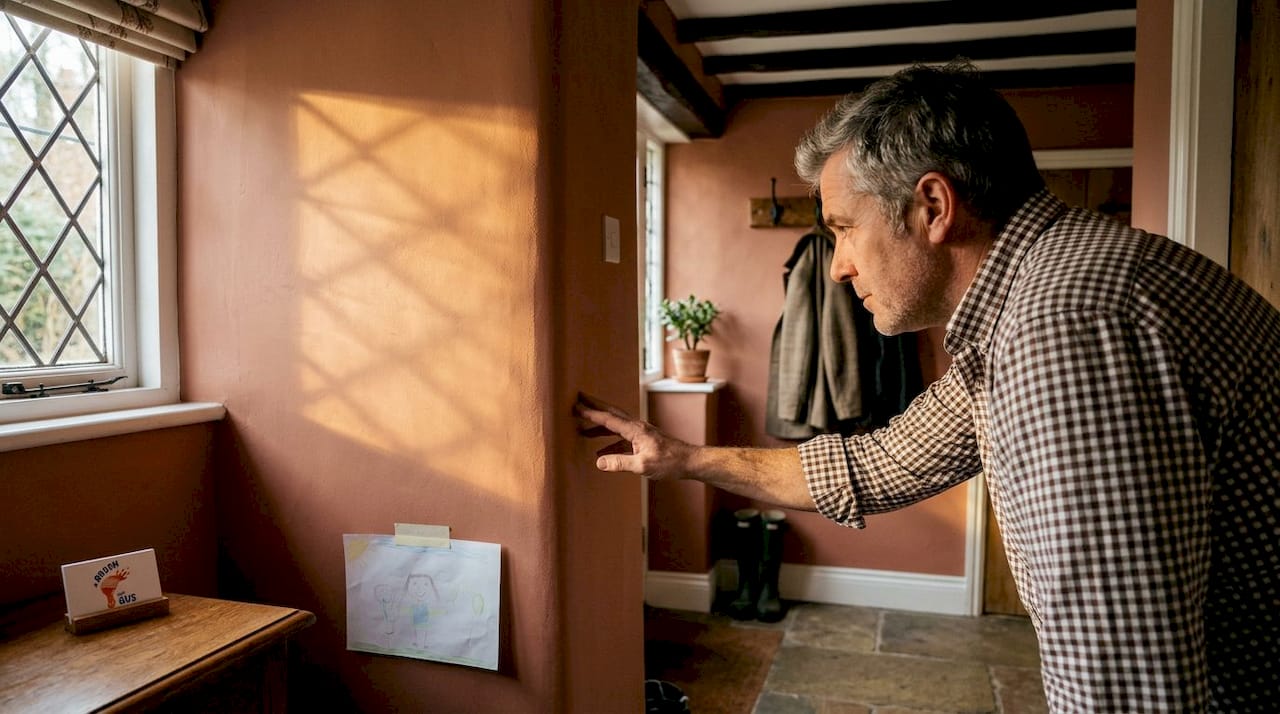 Man checks painted hallway wall for wear